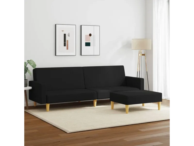 Canapé-lit à 2 places avec repose-pied noir tissu