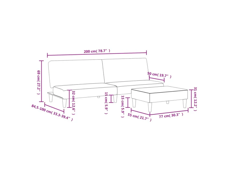 Canapé-lit à 2 places avec repose-pied gris foncé tissu