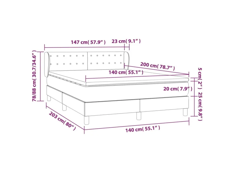 cadre de lit et matelas Gris clair 140x200cm Velours
