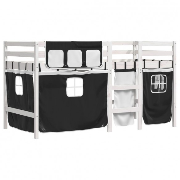 Lit mezzanine enfants et rideaux blanc/noir 80x200cm pin massif