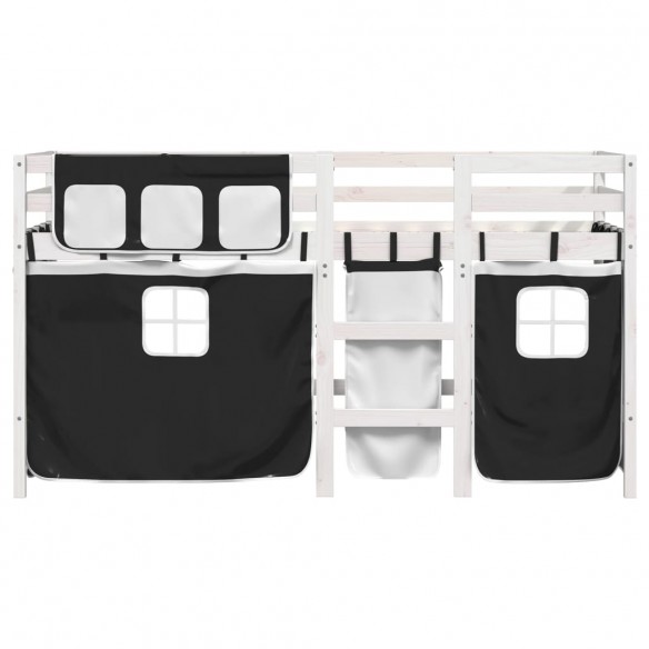 Lit mezzanine enfants et rideaux blanc/noir 80x200cm pin massif