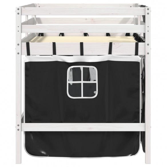 Lit mezzanine enfants et rideaux blanc/noir 80x200cm pin massif