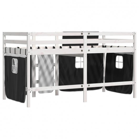 Lit mezzanine enfants et rideaux blanc/noir 80x200cm pin massif