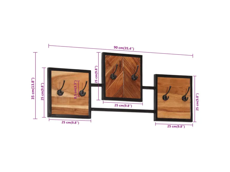 Porte-manteau mural 90x1x35 cm bois massif d'acacia et fer