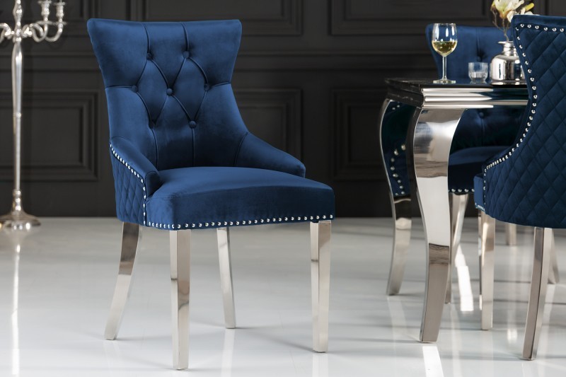 Chaise salle à manger LISA, élégante, en velours, bleu, design baroque