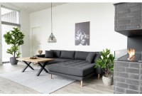 Canapé d'angle droit design coloris gris foncé en tissu avec des pieds en bois naturel