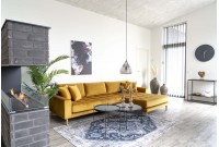 Canapé d'angle droit design en velours jaune moutarde avec des pieds en bois naturel