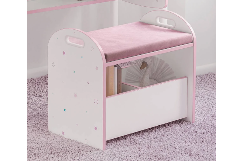 Banc avec coffre de rangement design princesse coloris rose et blanc