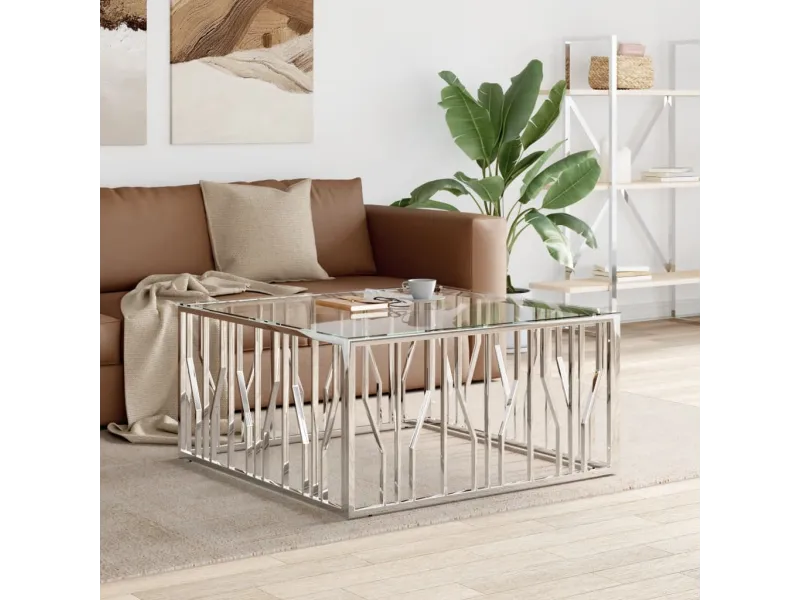 Table basse 100x100x50 cm acier inoxydable et verre