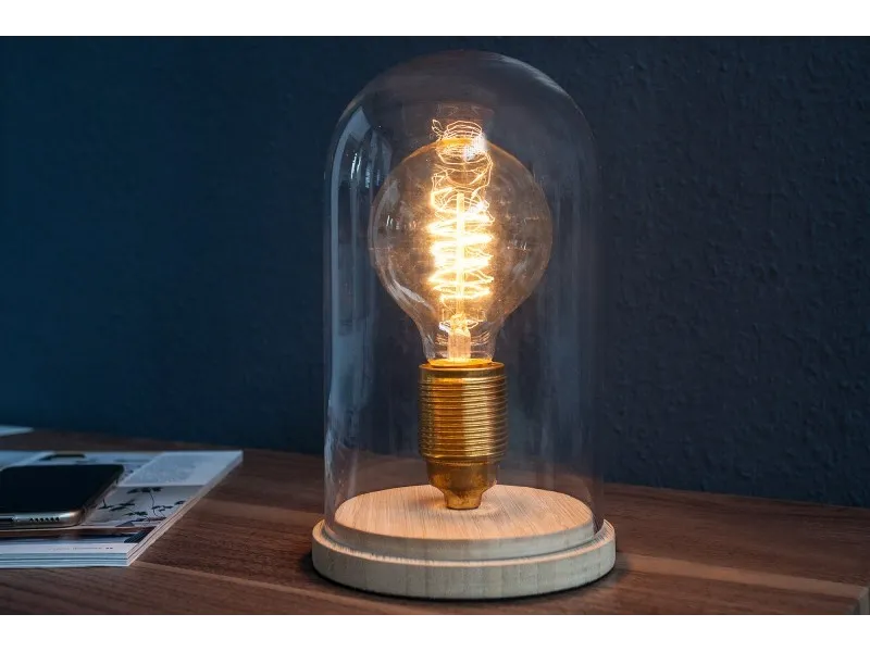 Lampe à poser design rétro en bois et verre