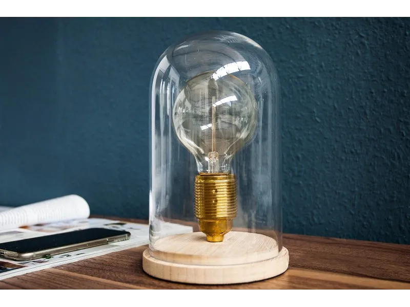 Lampe à poser design rétro en bois et verre