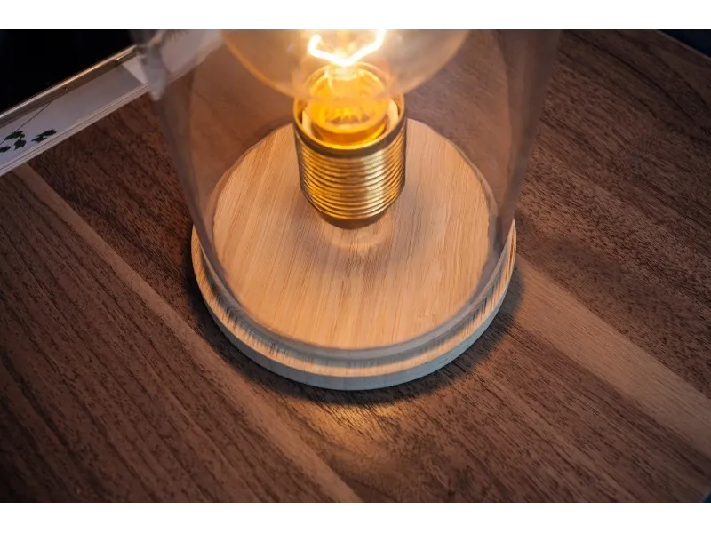 Lampe à poser design rétro en bois et verre