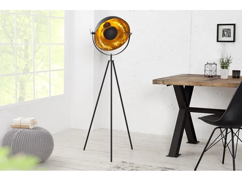 Lampadaire trépied design en acier inoxydable et en aluminium coloris noir et or
