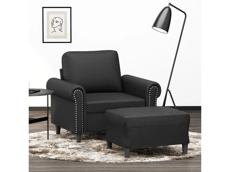 Fauteuil avec repose-pied Noir 60 cm Similicuir