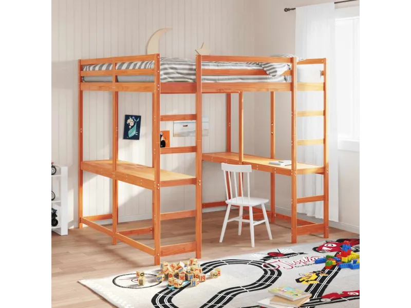 Lit superposé et bureau et échelle 180x200cm bois de pin massif