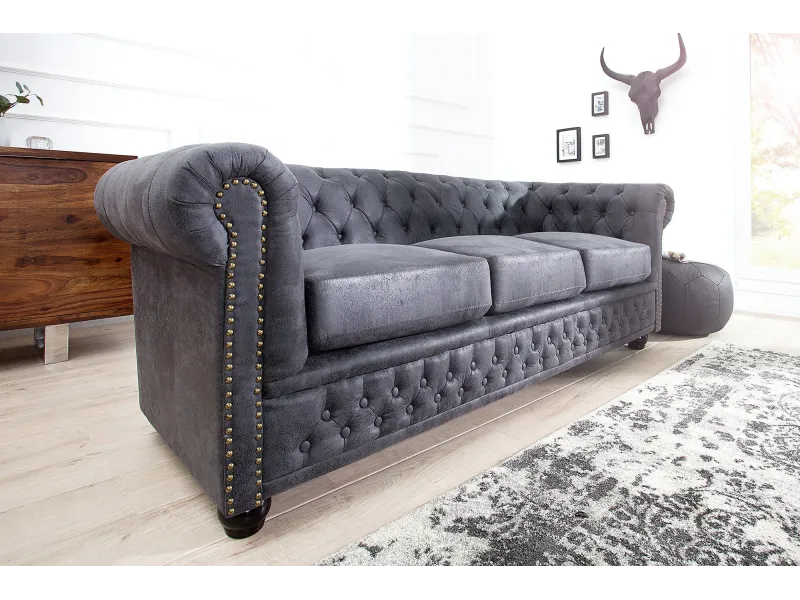 Canapé CHESTERFIELD 3 Places en Microfibre Gris Antique – Élégance, Confort et Robustesse