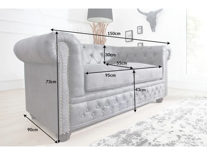 Canapé CHESTERFIELD 2 Places en Microfibre Gris Aspect Antique – Élégance et Confort au Rendez-vous