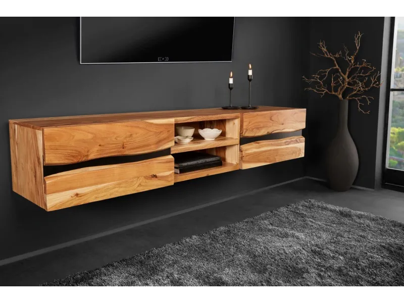 Meuble tv bois massif |Meuble tv design coloris naturel et noir à 2...
