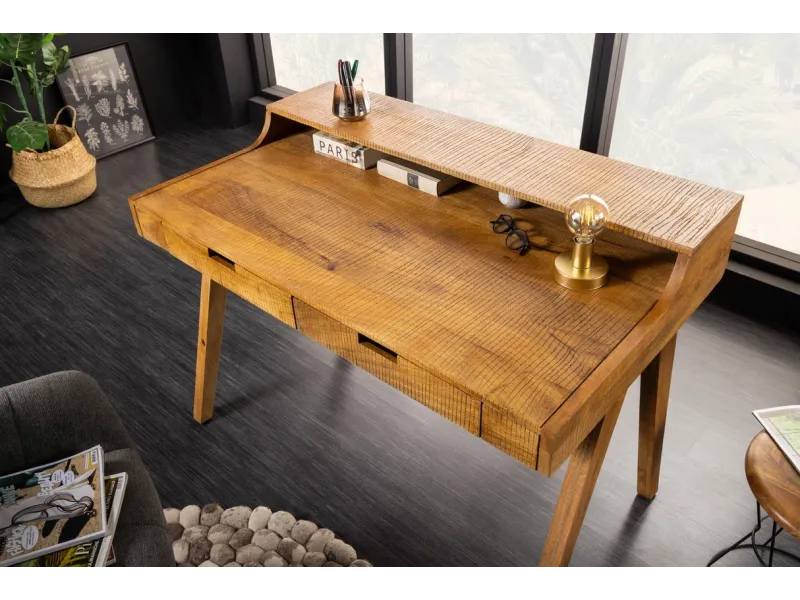 Bureau Davenport MONSOON 120 cm – Bois de Manguier Naturel avec Marques de Scie