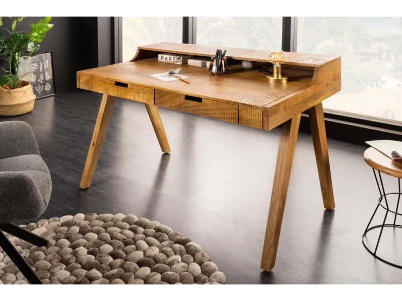 Bureau Davenport MONSOON 120 cm – Bois de Manguier Naturel avec Marques de Scie