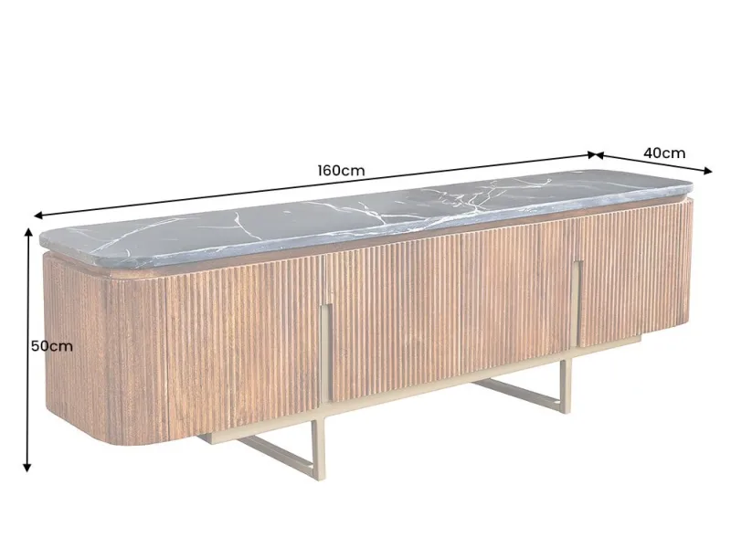 Meuble TV Gatsby 160cm en bois de manguier plateau marbre noir piètement doré