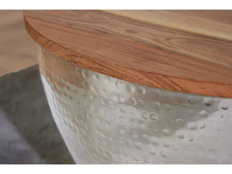 Table basse Ronde Orient Rangement Argent 60cm Bois d'Acacia Massif