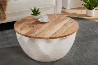 Table basse Ronde Orient Rangement Argent 60cm Bois d'Acacia Massif