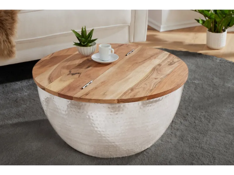 Table basse Ronde Orient Rangement Argent 60cm Bois d'Acacia Massif