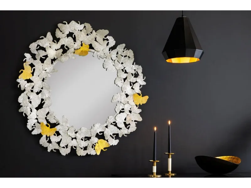 Miroir Rond avec Cadre en Feuilles de Ginkgo - Fait Main