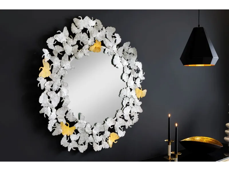 Miroir Rond avec Cadre en Feuilles de Ginkgo - Fait Main