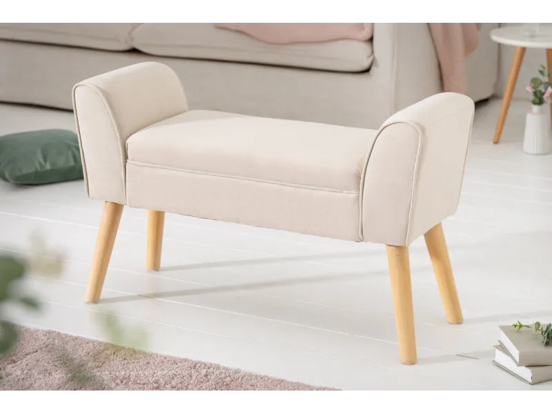 Banc de Style Rétro en Lin Beige - Élégance et Confort dans un Design Intemporel