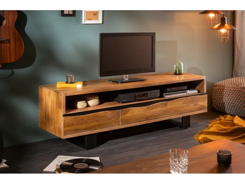 Meuble TV en Bois d'Acacia Massif - Finition Miel Naturel