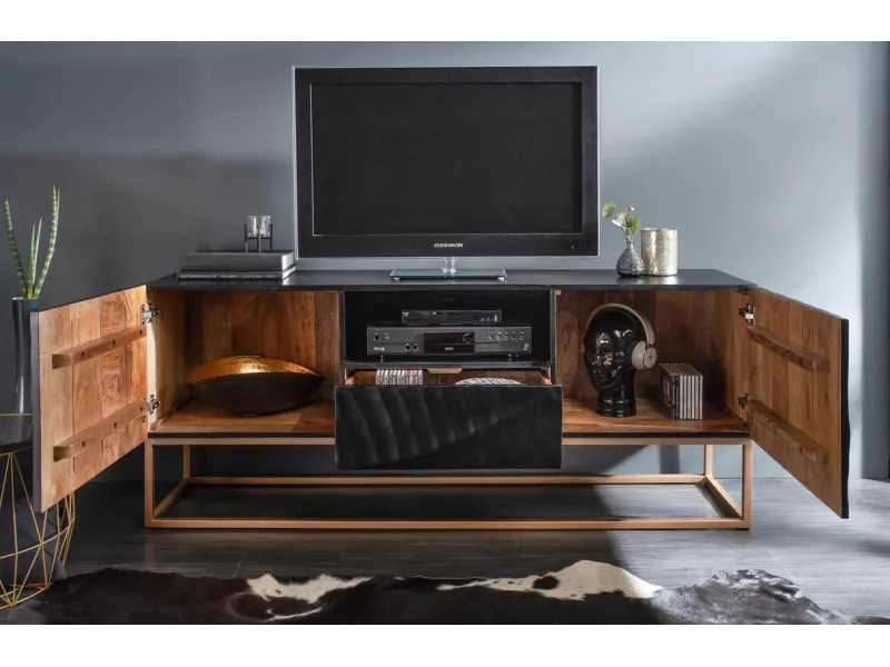 Meuble TV en Bois Massif Noir avec Sculptures 3D