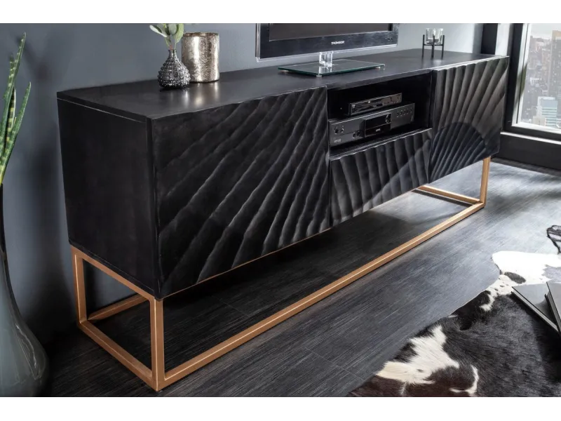 Meuble TV en Bois Massif Noir avec Sculptures 3D