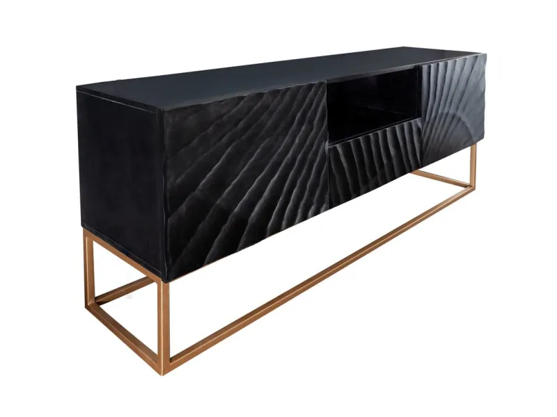 Meuble TV en Bois Massif Noir avec Sculptures 3D