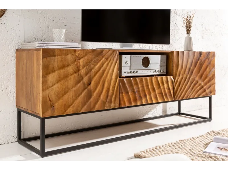 Meuble TV en Bois Massif avec Sculptures 3D