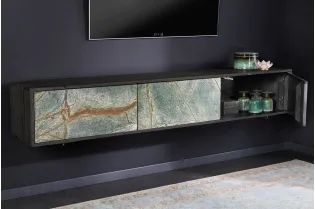 Meuble TV 160cm en Bois d'Acacia avec Façades en Placage de Pierre Marbrée 2