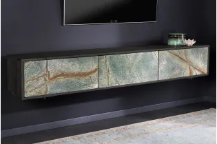 Meuble TV 160cm en Bois d'Acacia avec Façades en Placage de Pierre Marbrée