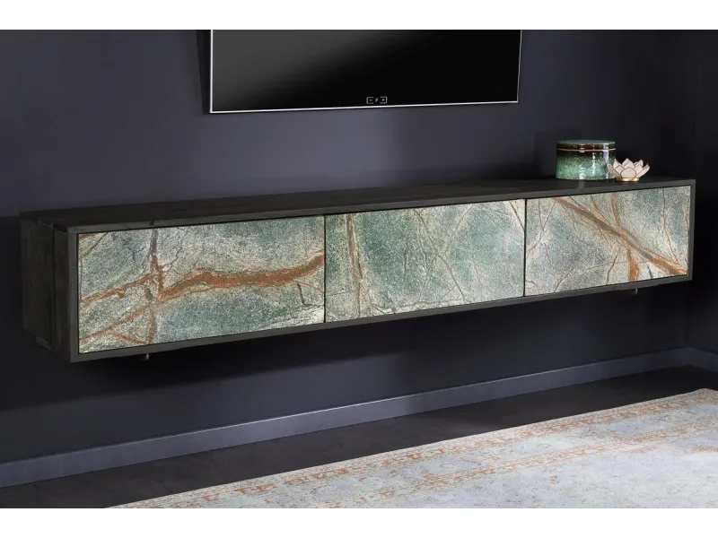 Meuble TV 160cm en Bois d'Acacia avec Façades en Placage de Pierre Marbrée