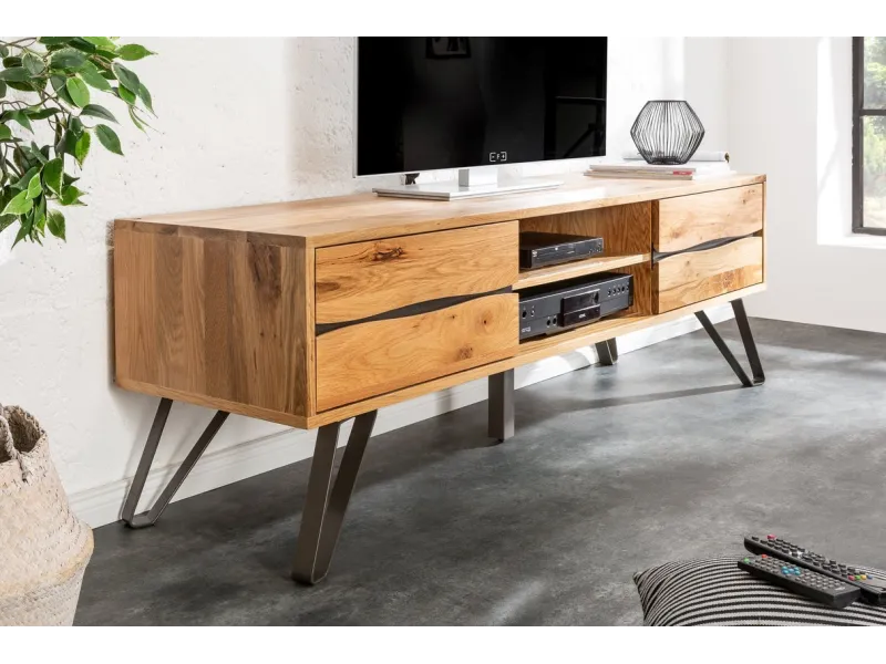 Meuble TV Industriel en Placage Chêne avec Tiroirs et Compartiments