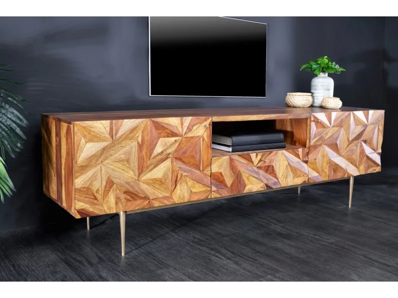 Meuble TV en Bois de Sesham avec Surface 3D Faite à la Main