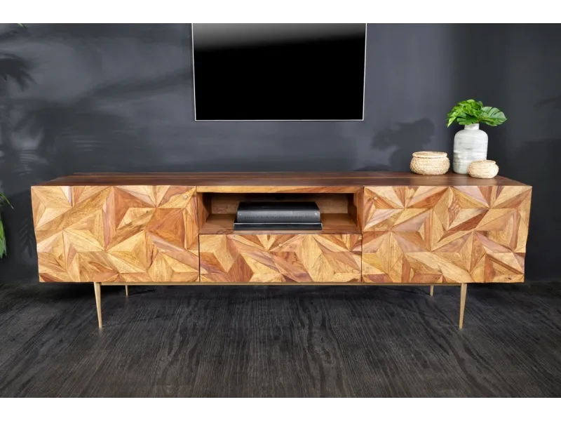 Meuble TV en Bois de Sesham avec Surface 3D Faite à la Main