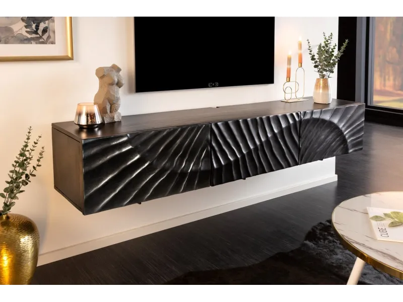 Meuble TV Suspendu 160cm en Bois de Manguier avec Surface en Relief 3D