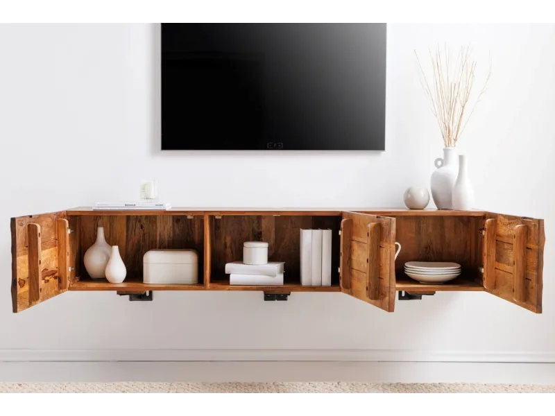 Meuble TV Suspendu en Bois de Manguier avec Surface en Relief 3D