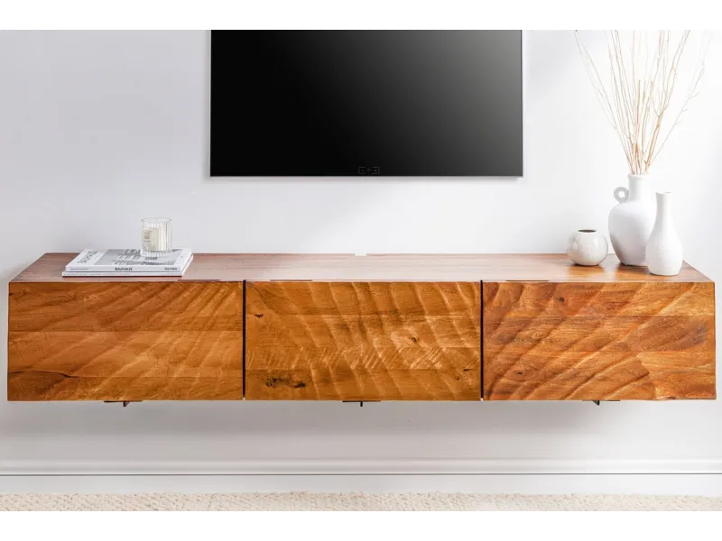 Meuble TV Suspendu en Bois de Manguier avec Surface en Relief 3D