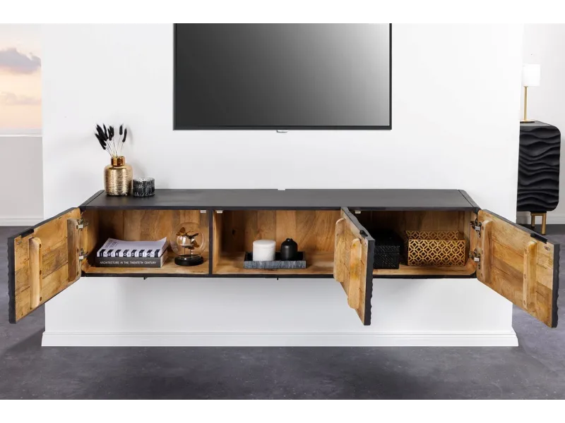 Meuble TV en Bois de Manguier Laqué avec Motif de Vagues