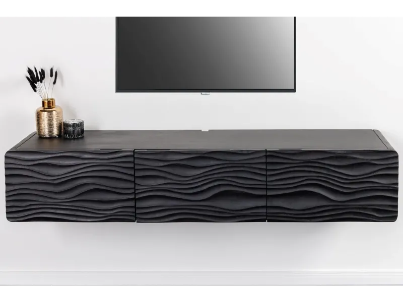 Meuble TV en Bois de Manguier Laqué avec Motif de Vagues