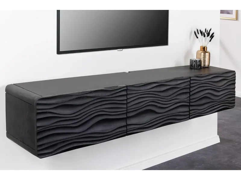 Meuble TV en Bois de Manguier Laqué avec Motif de Vagues