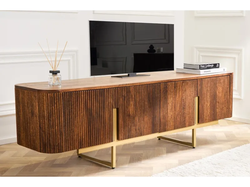 Meuble TV Rétro en Bois Massif Rainuré