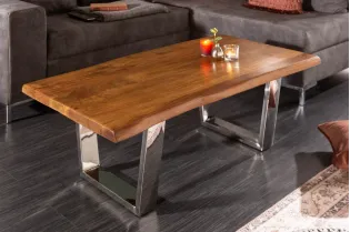 Table basse moderne 110cm coloris naturel et chromé en bois massif pas cher